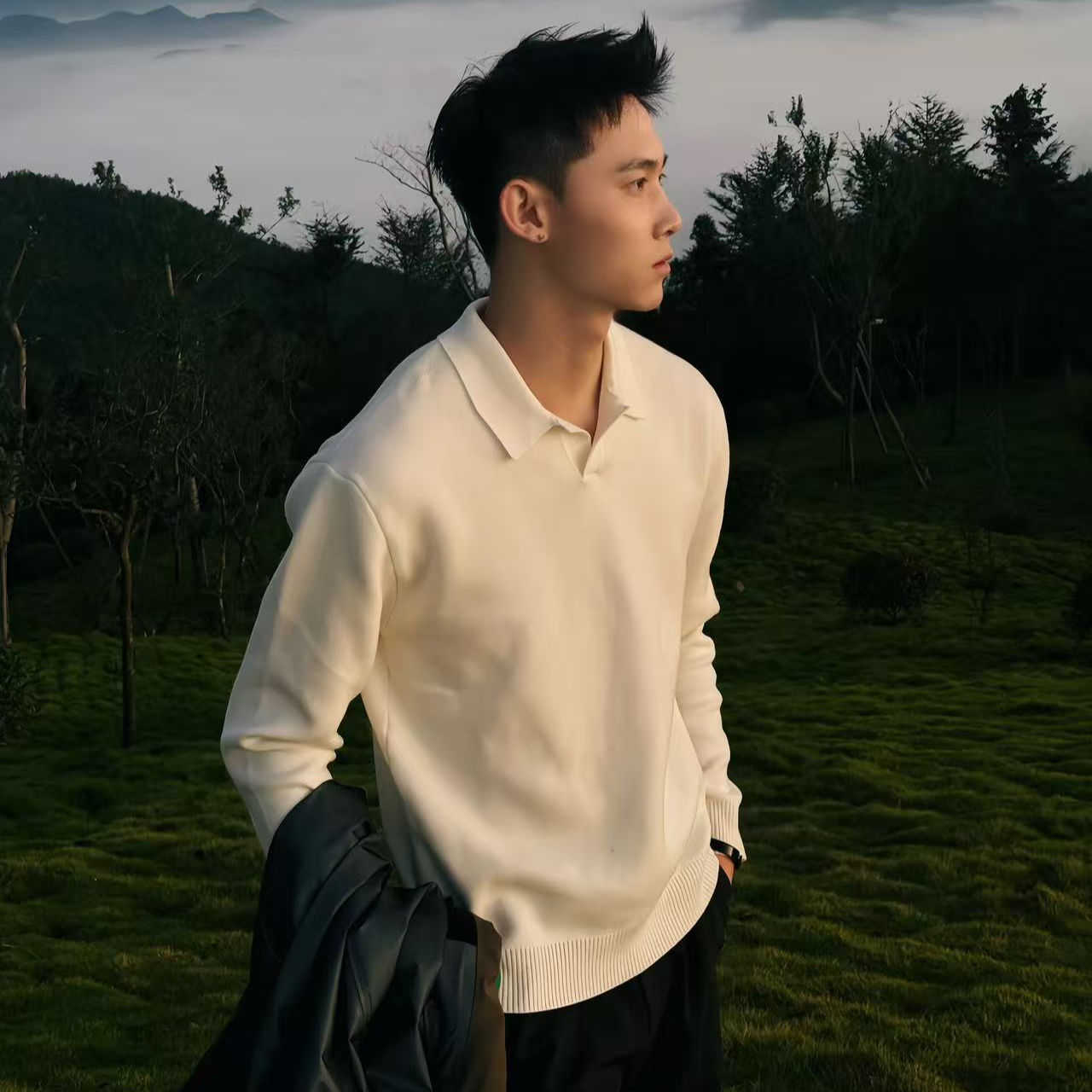 SOSTINE「老钱风 海鸥领」休闲长袖V领针织衫男翻领新贵POLO毛衣