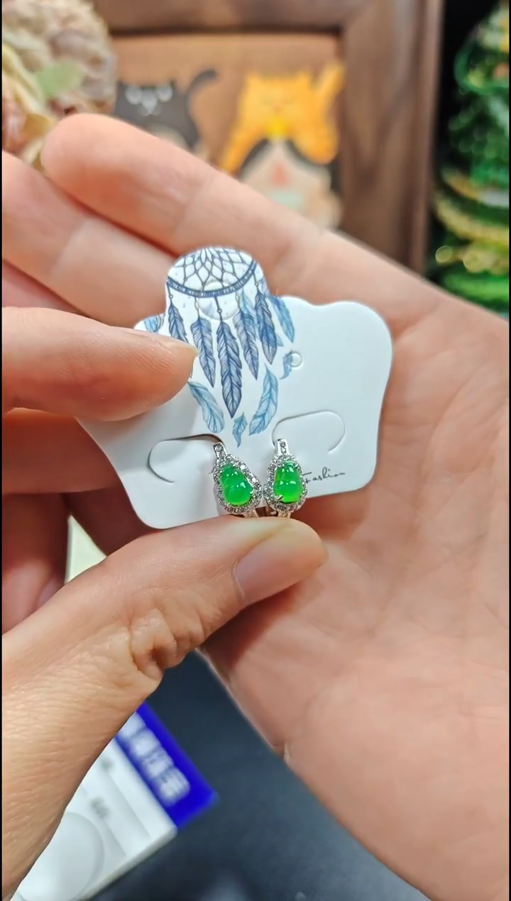 银S925镶嵌翡翠耳饰翡翠耳饰S925银镶嵌