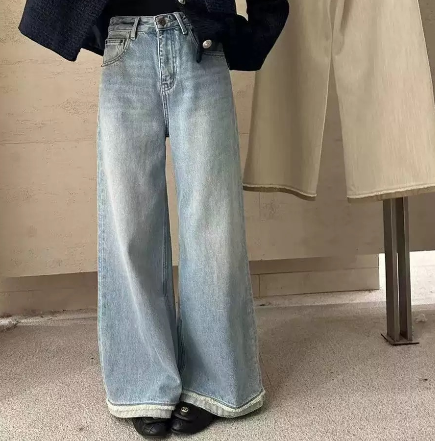 美式复古水洗蓝高腰阔腿撞色毛边牛仔裤女春秋新款高腰宽松直筒裤