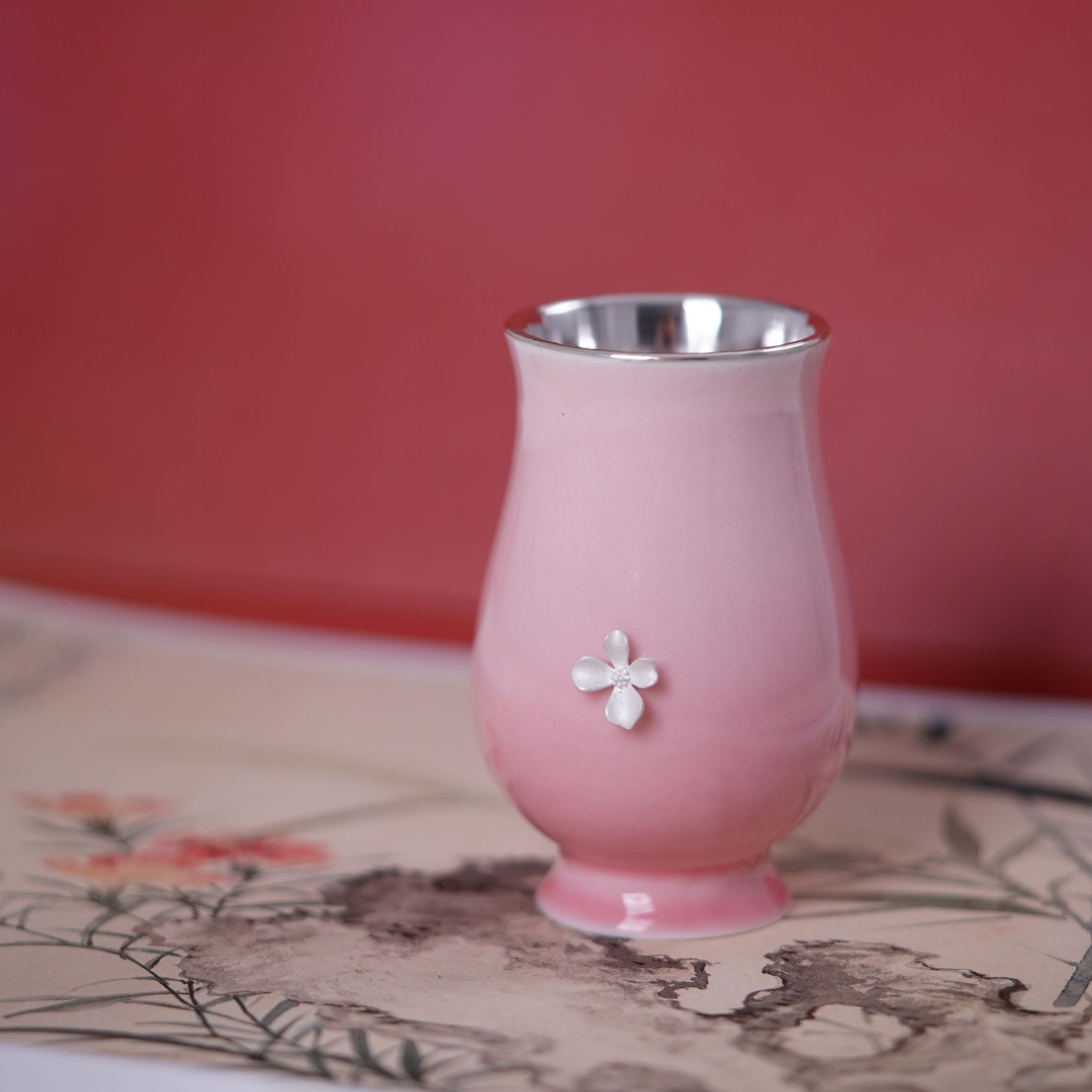 曼妙四叶草镶嵌银杯细高家用陶瓷手工主人杯分茶创意高档中式复古