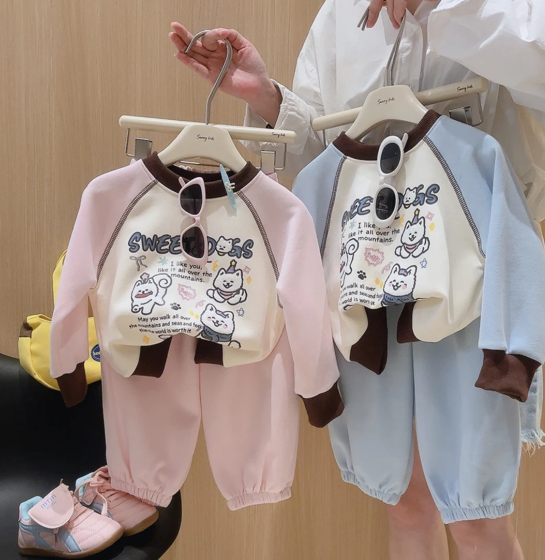 儿童秋季卫衣套装韩版卡通烫画插肩卫衣+卫裤休闲两件套日常百搭