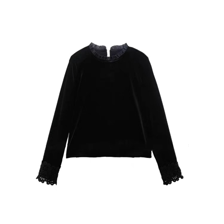 简约气质法式花边领拼接袖口丝绒打底上衣