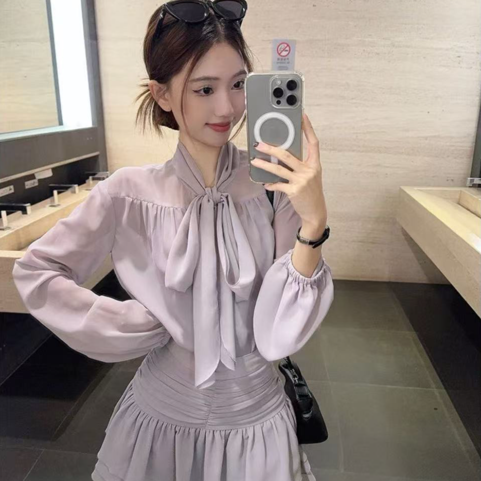 清【No退~No换】闪光少女装蝴蝶结上衣雪纺显瘦法式气质三件套25053
