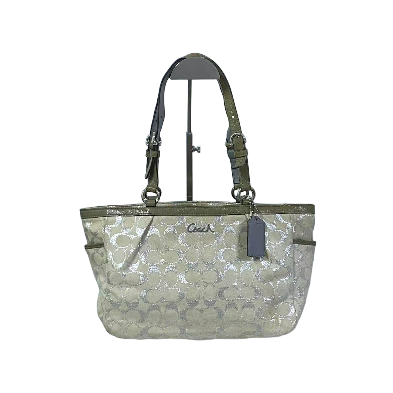 95新 COACH/蔻驰 经典老花帆布拼皮单肩手提包绿色时尚SH-30954-A