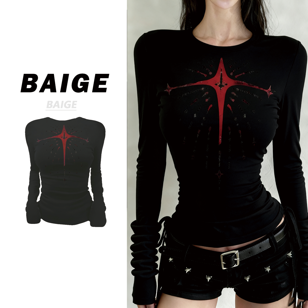 BAIGE 圆领辣妹修身显瘦长袖T恤印花设计感小众打底衫白色时尚