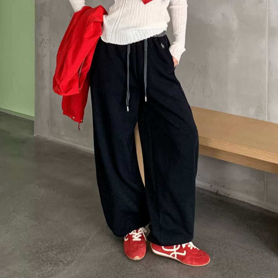 版型巨好高腰抽绳卫裤女秋冬加绒休闲百搭阔腿束脚两穿弯刀运动裤