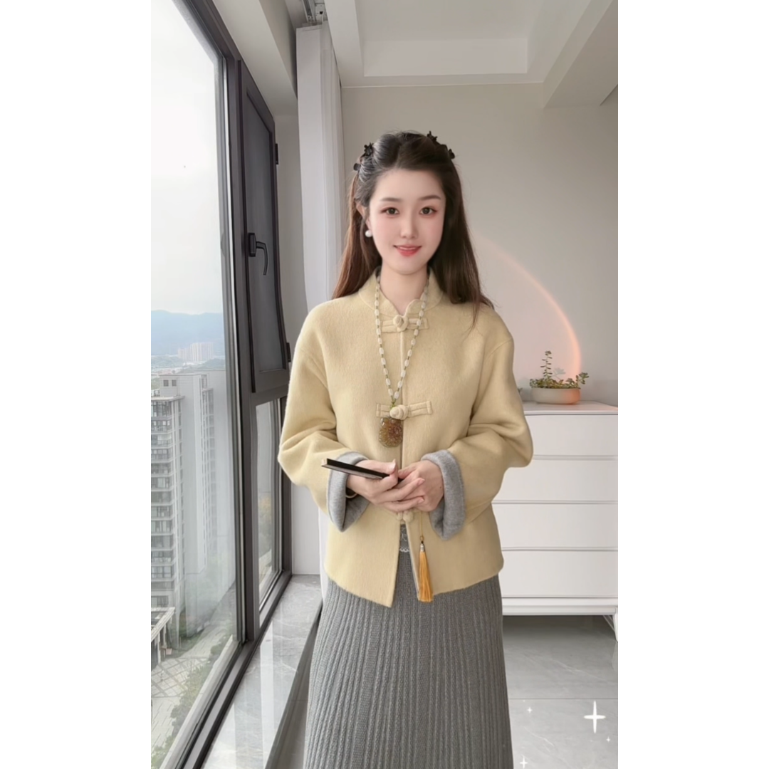 【88011】新国潮名媛轻奢感盘扣羊毛大衣时尚毛呢外套-禁水洗