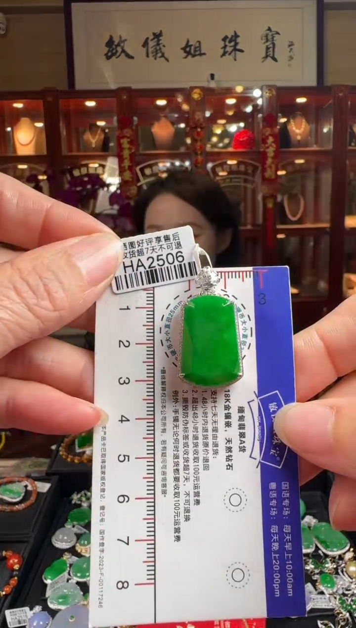 【闪购商品】翡翠颈饰18K金镶嵌HA2506冰辣绿无事牌