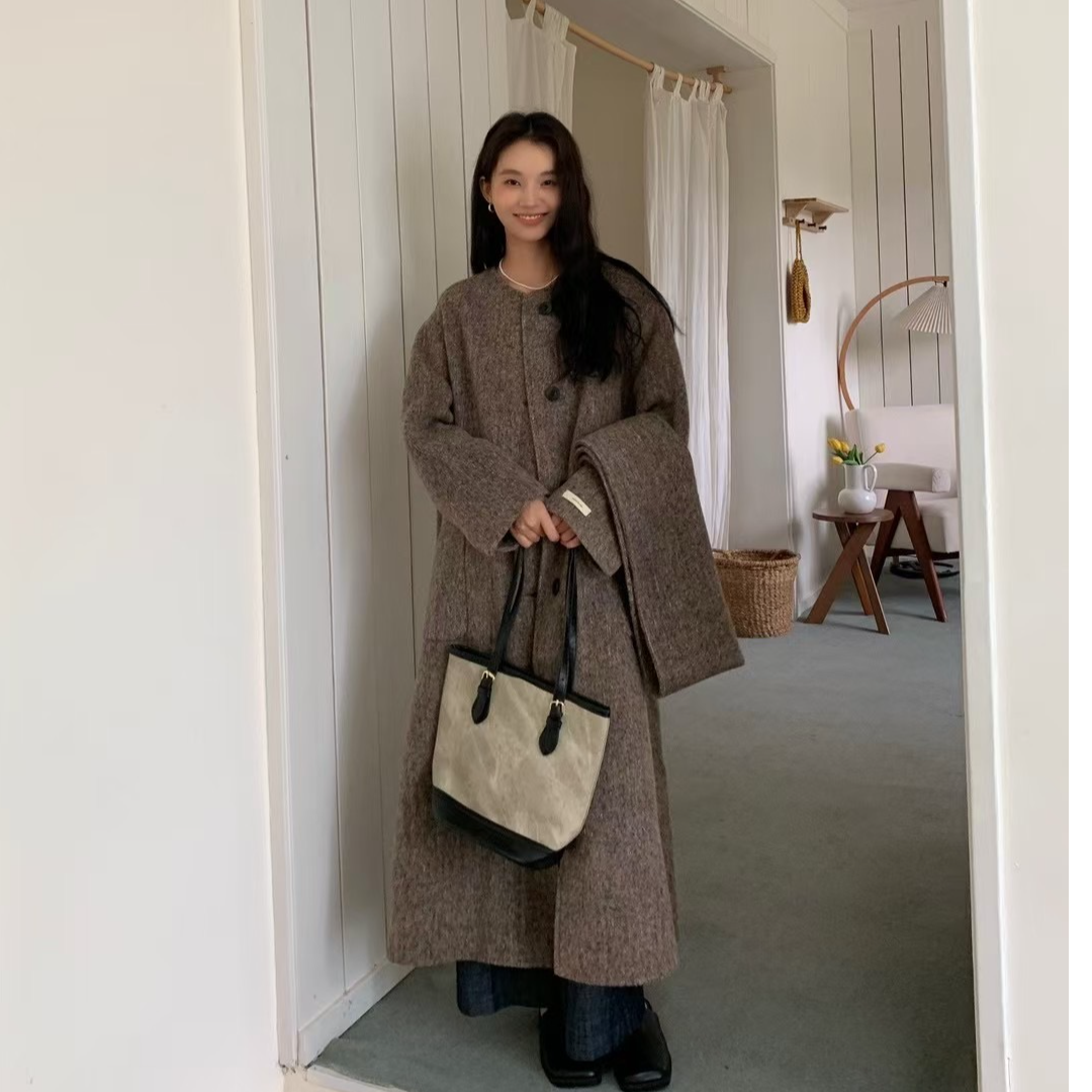 秘鲁进口羊驼混色长款围巾时尚秋冬毛呢外套大衣