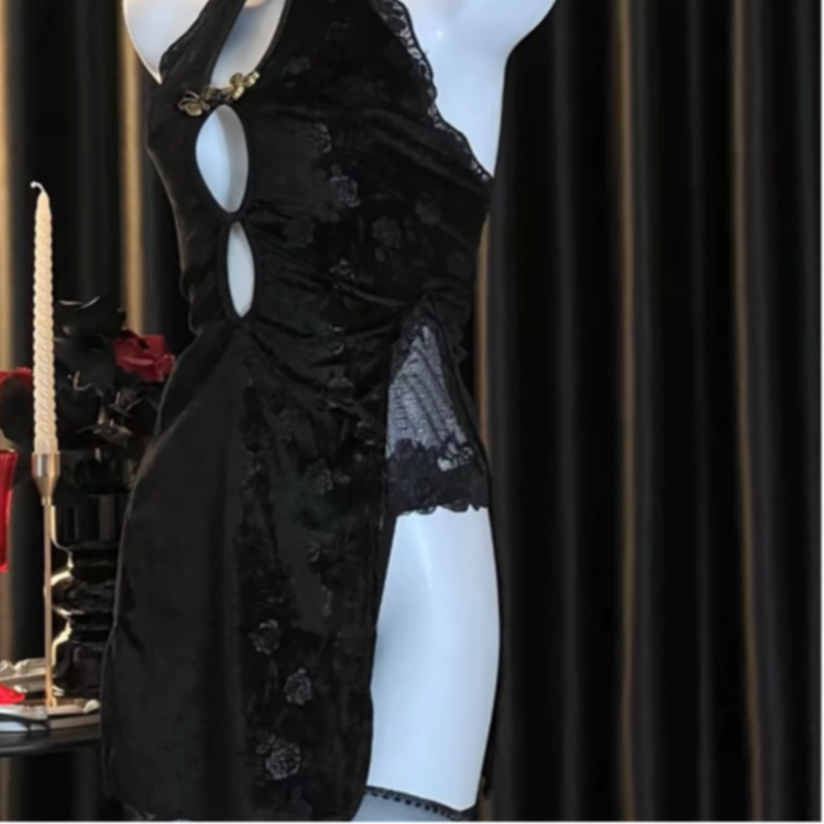 ~古典镂空露背丝绒高开叉复古旗袍套装睡裙