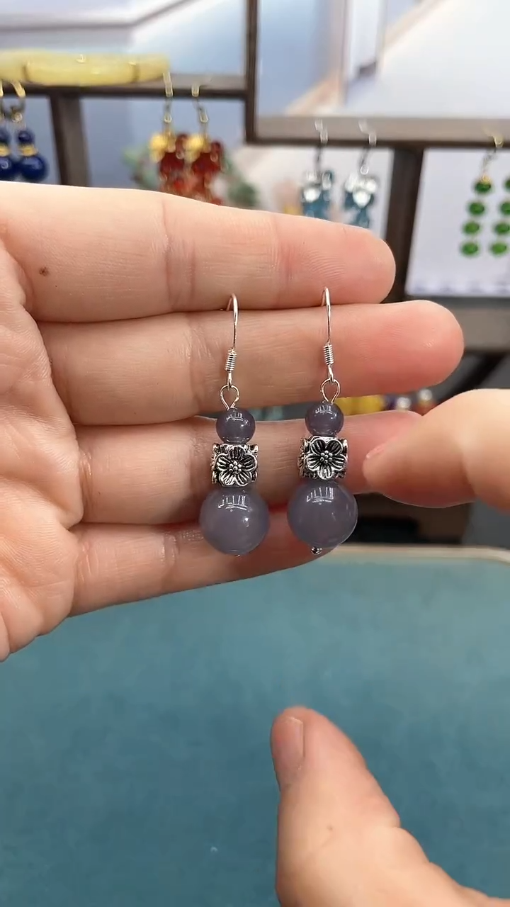 银S925镶嵌和田玉耳饰12mm烟紫四面花