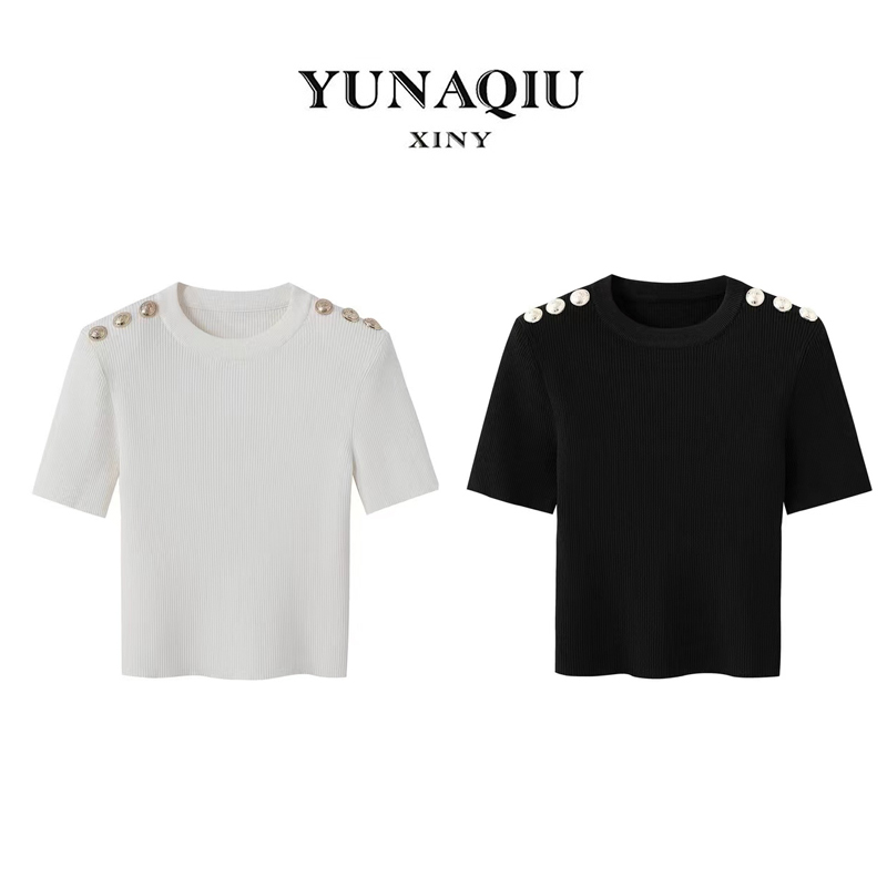 YUNAQIU小众时尚百搭显瘦纯色圆领针织衫休闲设计感气质短袖-5712