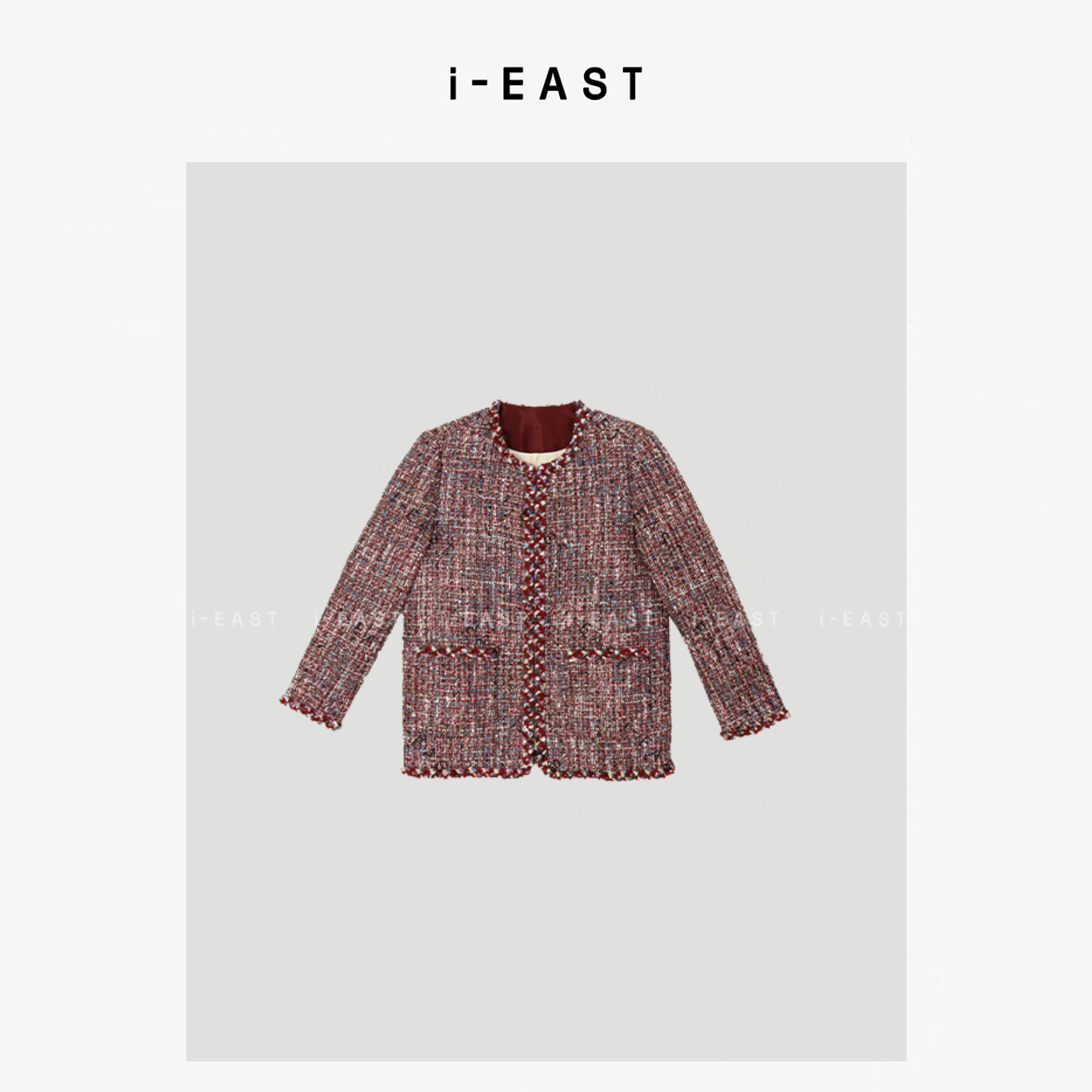 i-EAST 旧金山之恋~小香风编织边撞色开衫羽绒服外套-4D YR5394