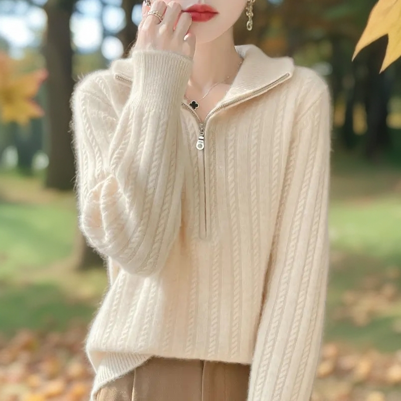 新款纯100羊绒衫女款半拉链半高领时尚大码厚款气质针织羊毛衫女