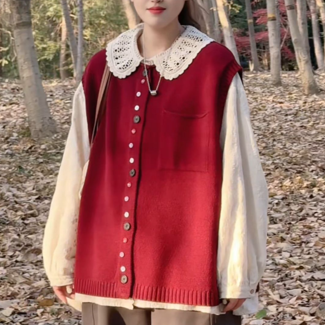 安克拉红~25秋冬韩系宽松大版针织彩扣文艺可爱减龄马甲开衫女