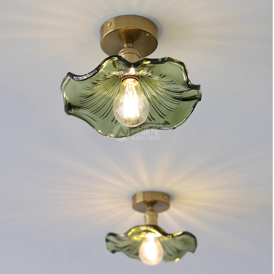 复古绿色荷叶吸顶灯北欧简约餐厅灯具玄关阳台吧台过道黄铜玻璃灯