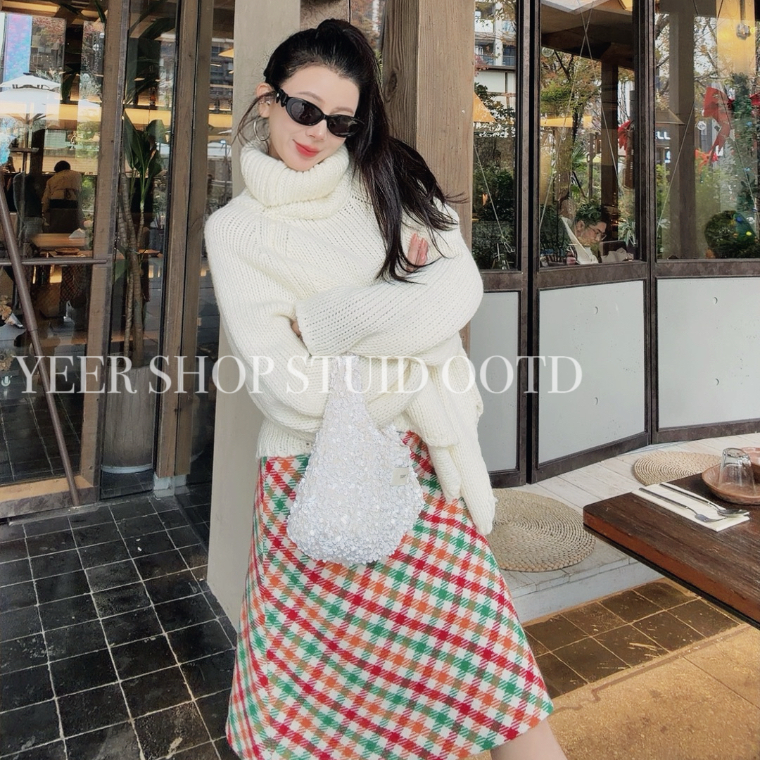 YEER·SHOP【彩虹格子~】爷儿冬季时尚百搭新款彩虹格纹半身裙毛衣