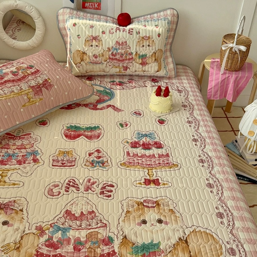 猫咪日记少女心草莓猫凉感丝乳胶凉席三件套卡通空调软席床品