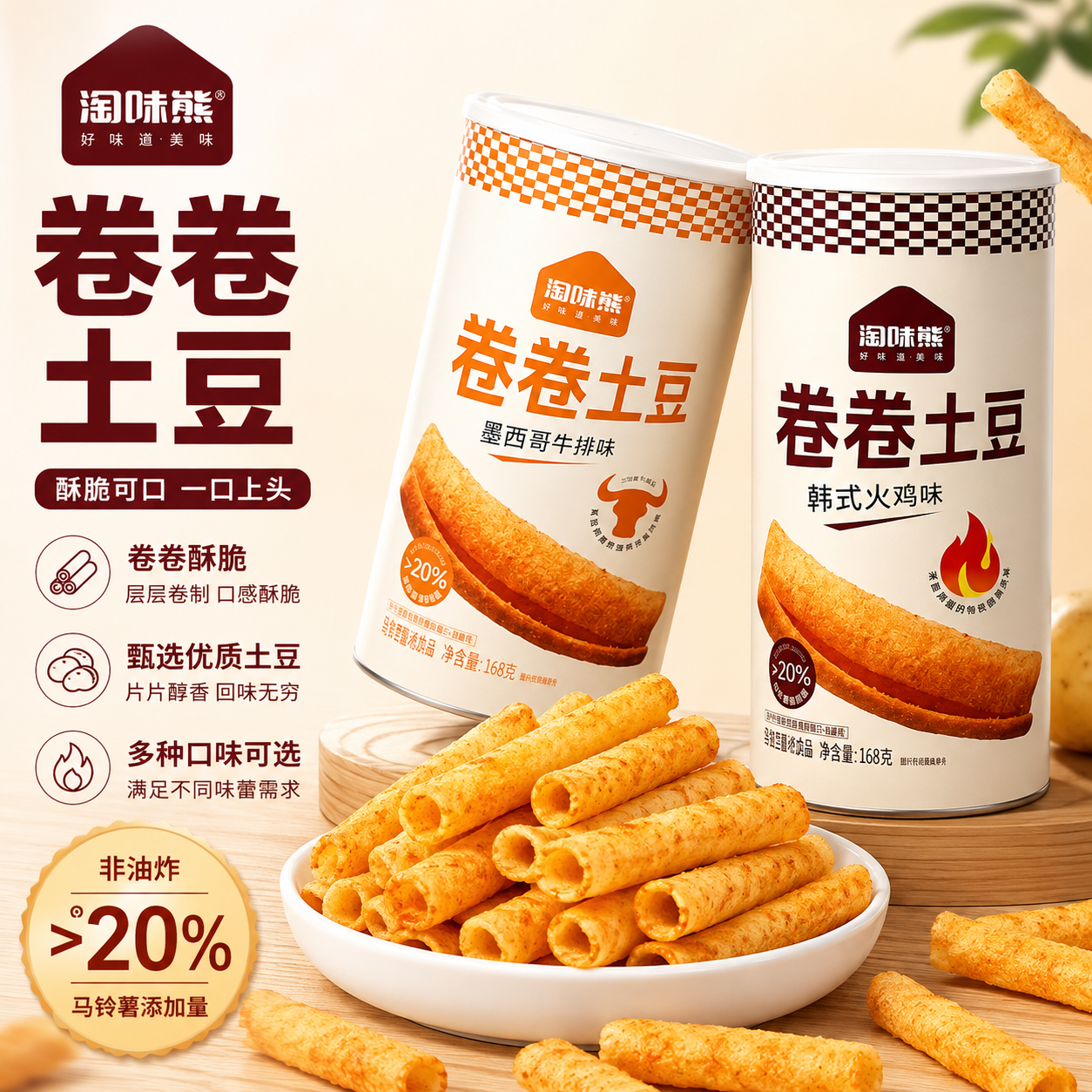 淘味熊卷卷土豆罐装马铃薯薯条空心酥脆空气土豆条火鸡牛排味零食