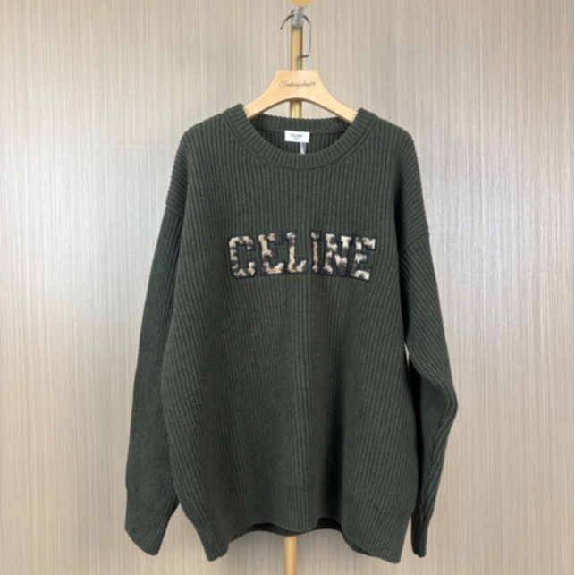 99新 Celine/思琳 胸口刺绣豹纹logo橄榄绿毛衣 XS 16066647