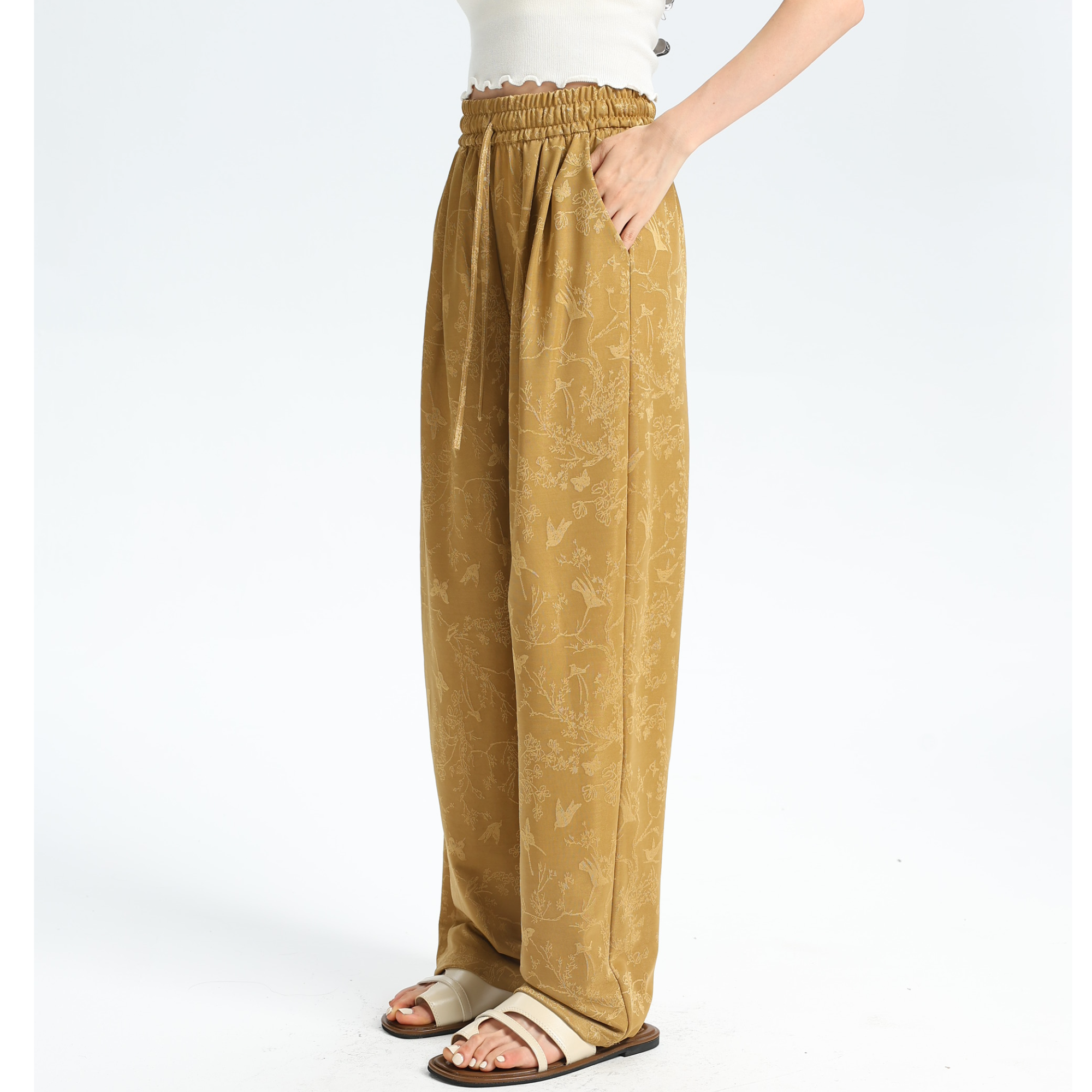 百搭双层提花阔腿裤新中式复古夏季直筒长裤气质休闲裤松紧