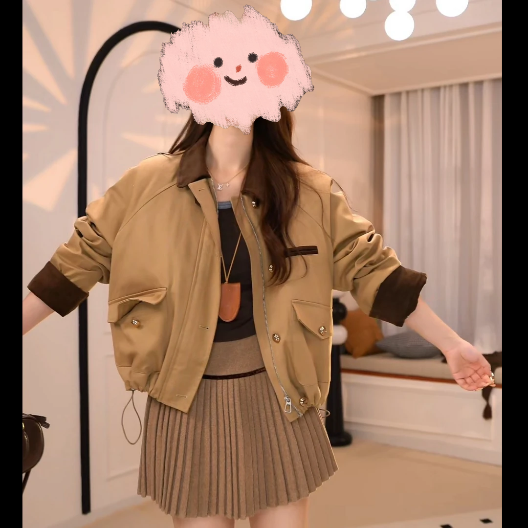 赵露思同款千金可露丽巴安风外套+百褶短裙+粉色针织三件套套装