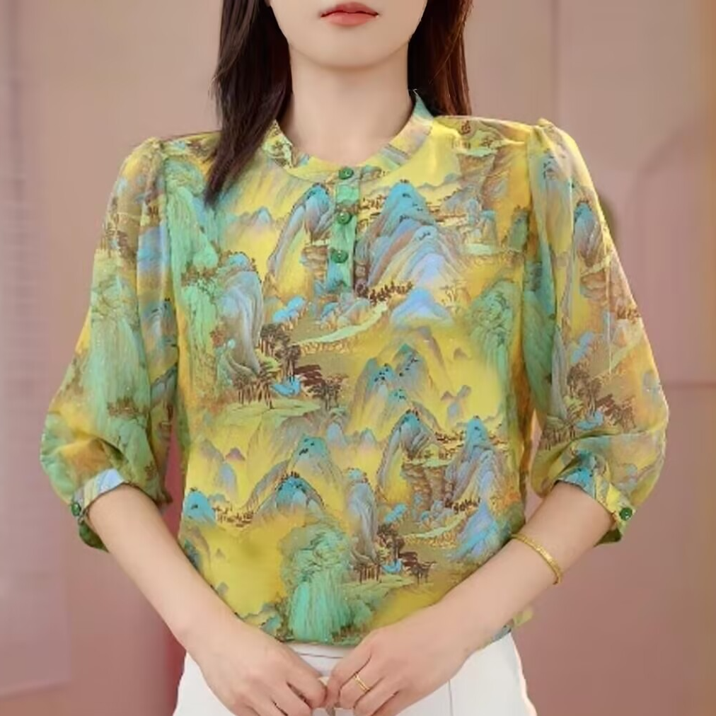 【茶芙巷】早秋款薄款冰丝衬衫女中年妈妈宽松显瘦雪纺小衫【ZS】