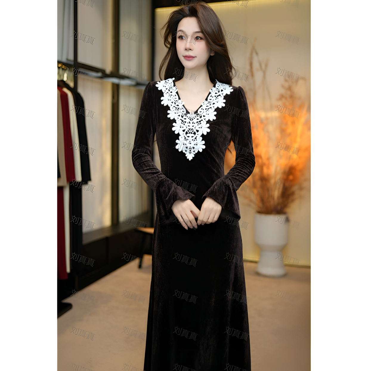 【刘真真黑耀女王】Z1146 小野冬季新款法式轻奢贵气显瘦款连衣裙QC