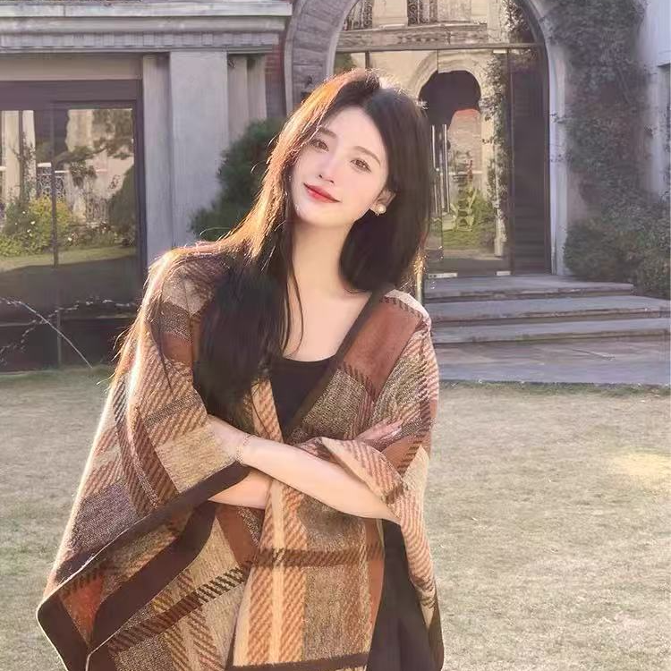 不起球保暖格子欧美风女薄款披肩百搭冬季外搭加厚