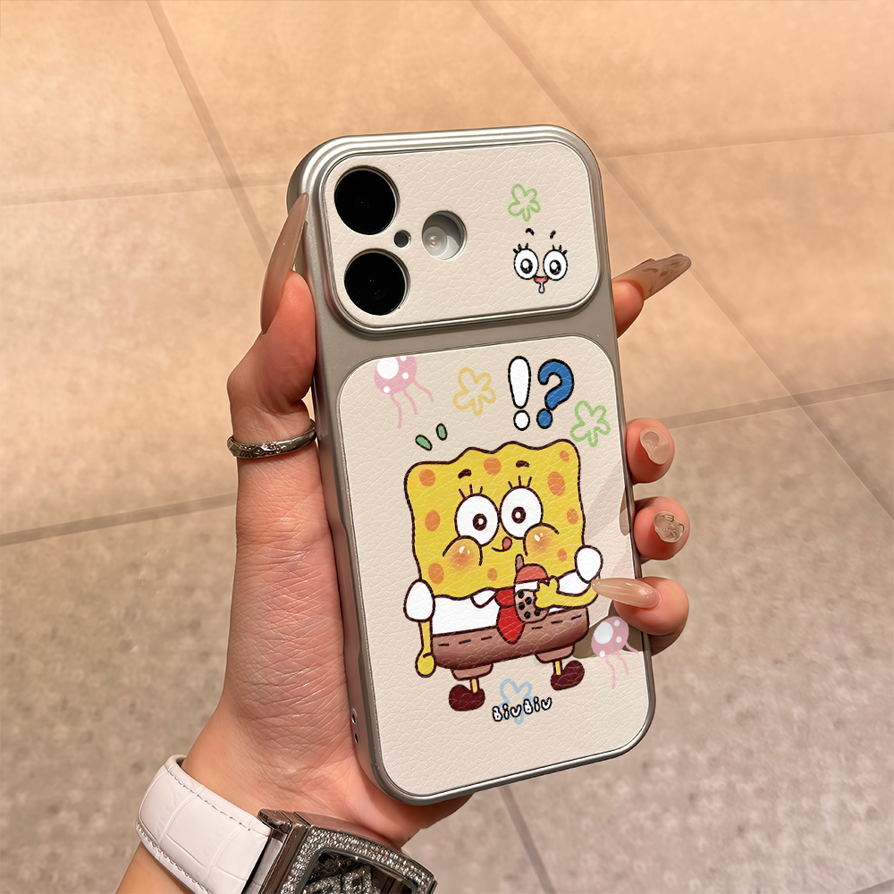 喝奶茶海绵宝宝适用苹果17promax电镀小羊皮手机壳iPhone16防摔