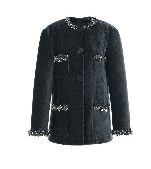 不退no换老钱风高级感深邃灰外套重工钉珠外套