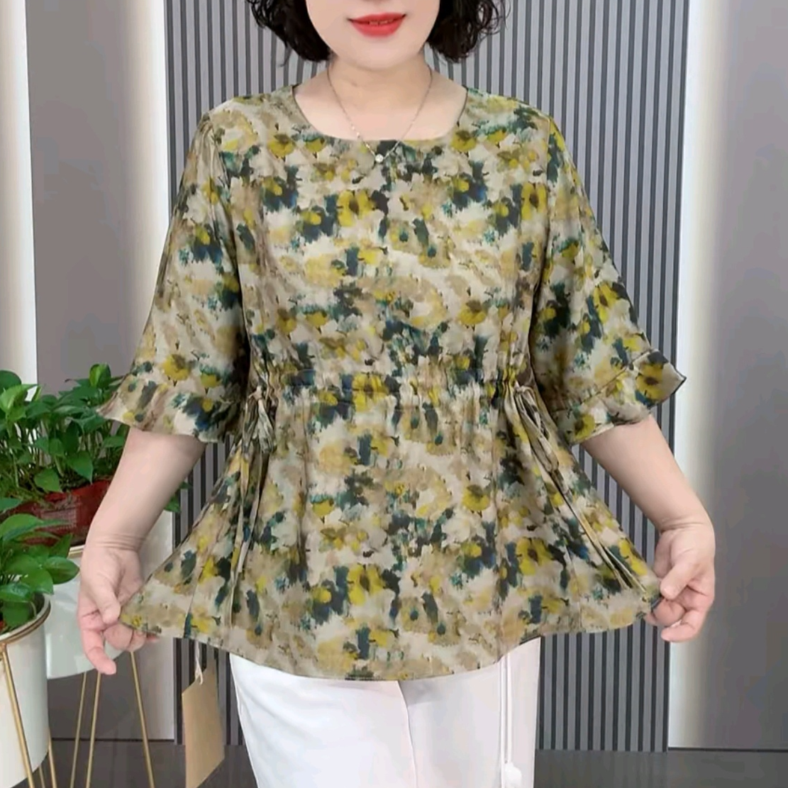 2025夏季新款高档抽绳荷叶袖上衣短裙时尚洋气碎花宽松减龄妈妈衫