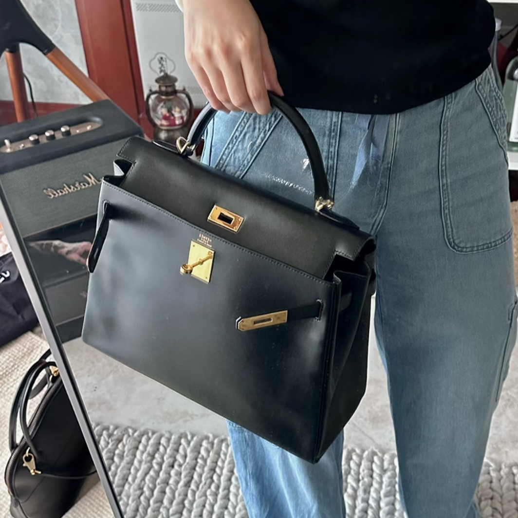 95新 Hermes/爱马仕 kelly32 黑金  box内缝 框D刻