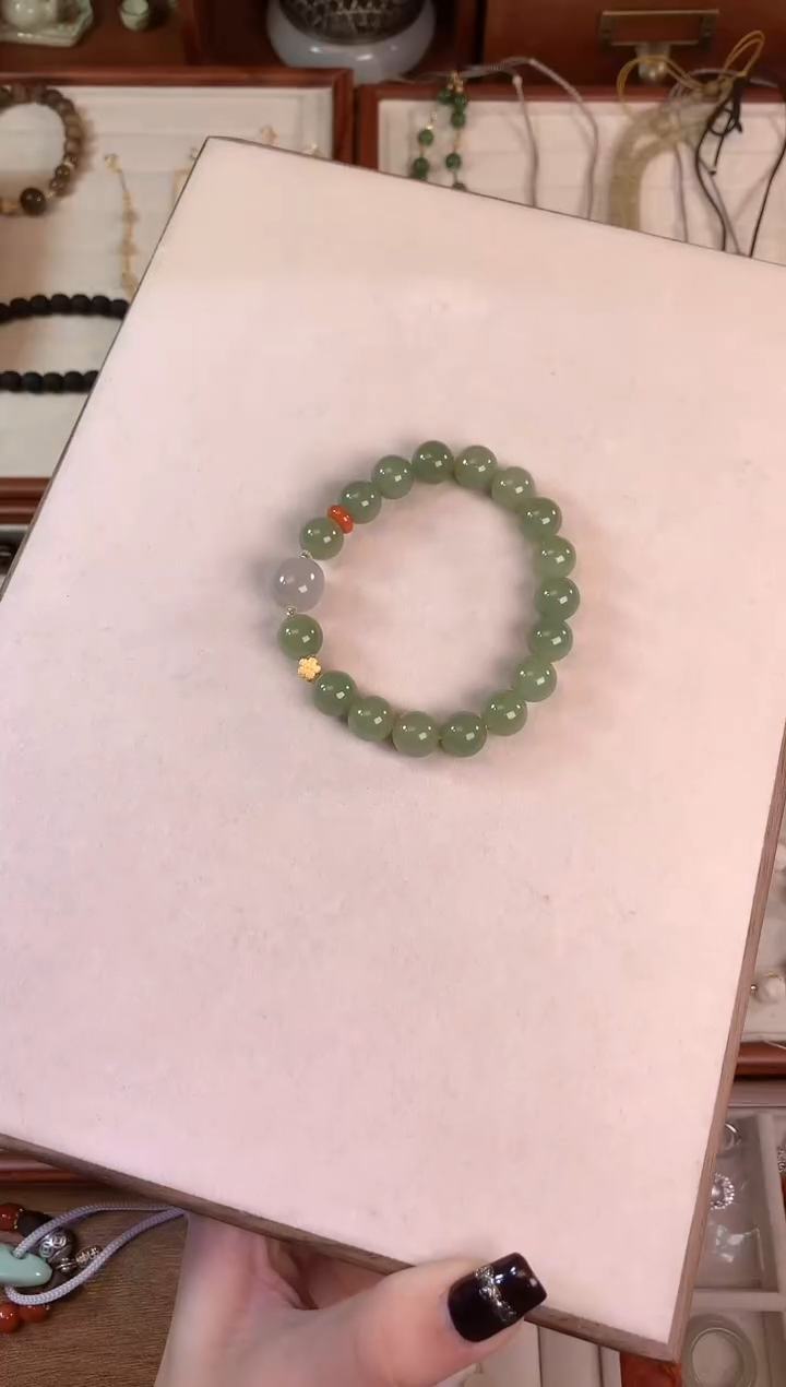 【闪购商品】和田玉手串未镶嵌青绿和田玉搭配18k金单圈