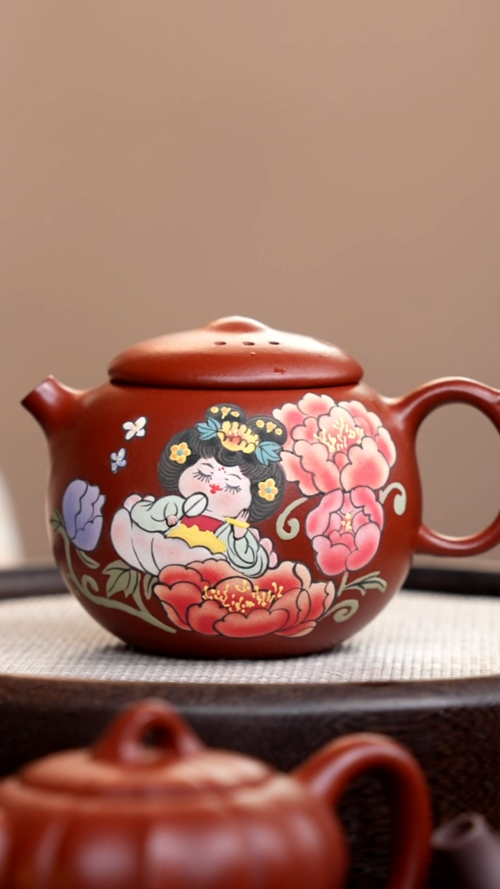 茶壶紫砂朱泥三洞壶泥绘唐美人牡丹