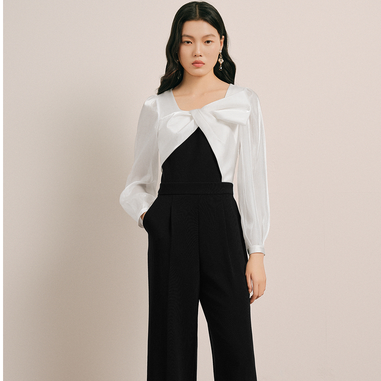 奥丽嘉朵2025春季金标黑色流光纱拼接U领蝴蝶结连体服1C35102050