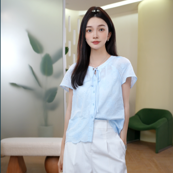 【恋夏穿搭】茵曼夏季圆领气质镂空薄款衬衫时尚百搭宽松短袖衬衣