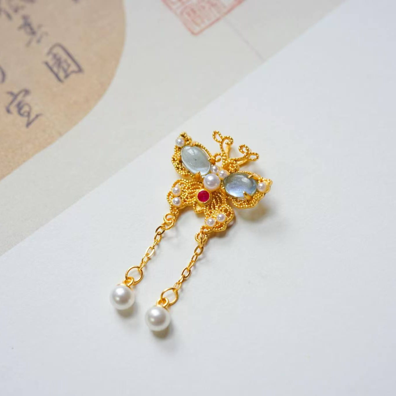 吊坠925银琉璃 甘澜文创 S925银镀金镶宝花丝蝴蝶流苏吊坠ZZ1957