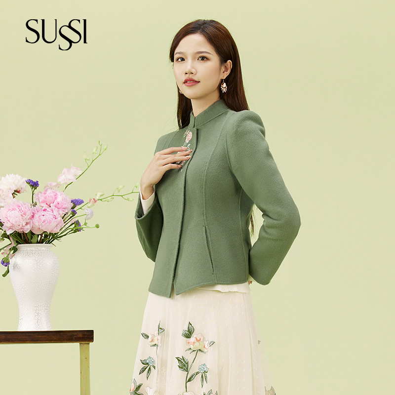 古色SUSSI【官店】绿色新中式羊毛双面呢立领刺绣外套女911AX416302