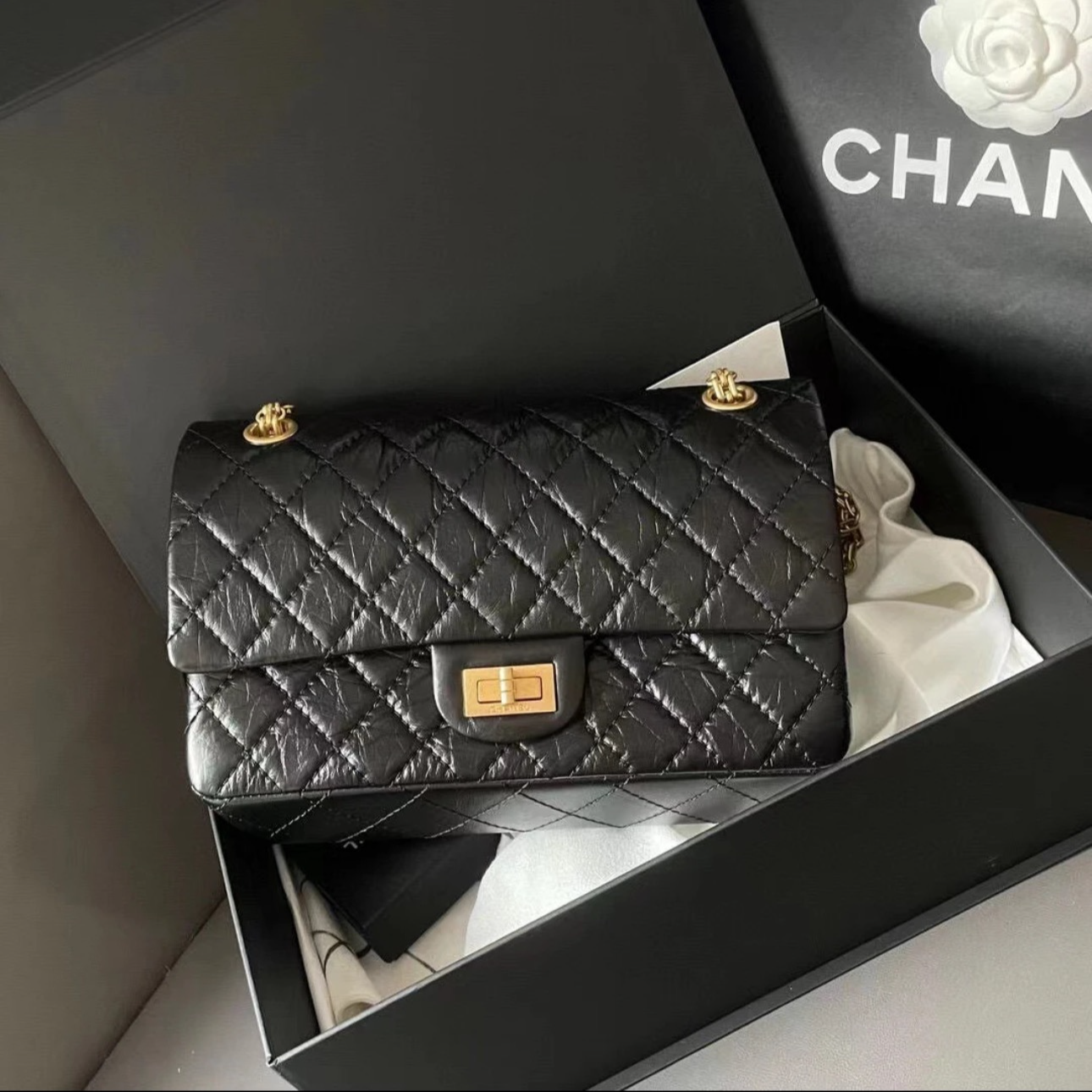 99新 Chanel/香奈儿 小花6欢 2.55 口盖包 小号 24cm 黑色 皮革C