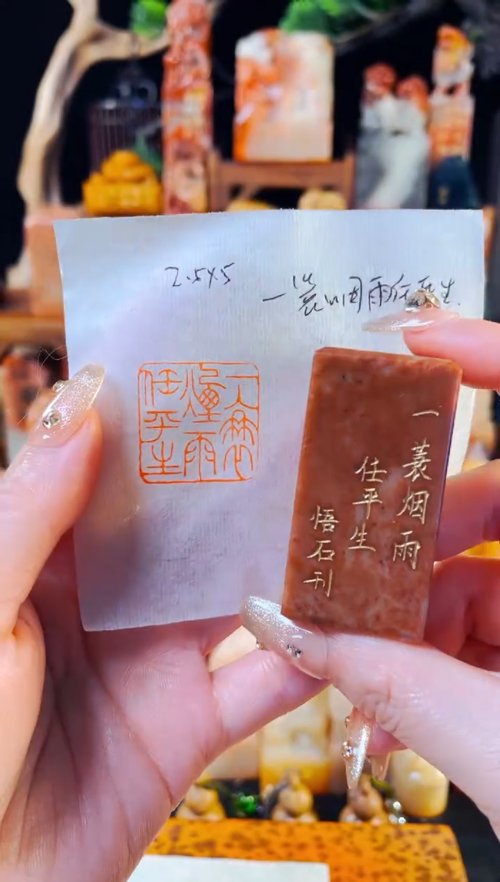 浙江红石印石手工篆刻《一蓑烟雨任平生》2.5