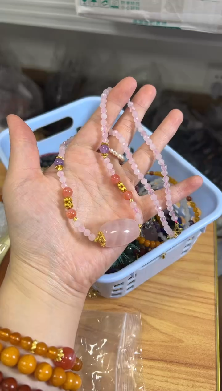 未镶嵌颈饰水晶粉水晶切面大桶珠项链[2352]