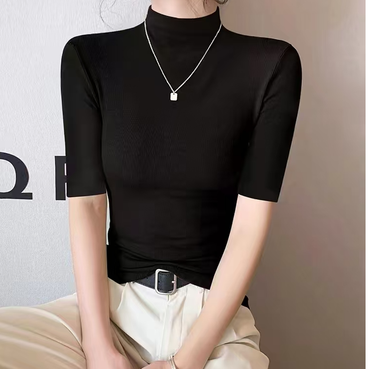气质打底衫百搭半袖修身半高领中袖t恤