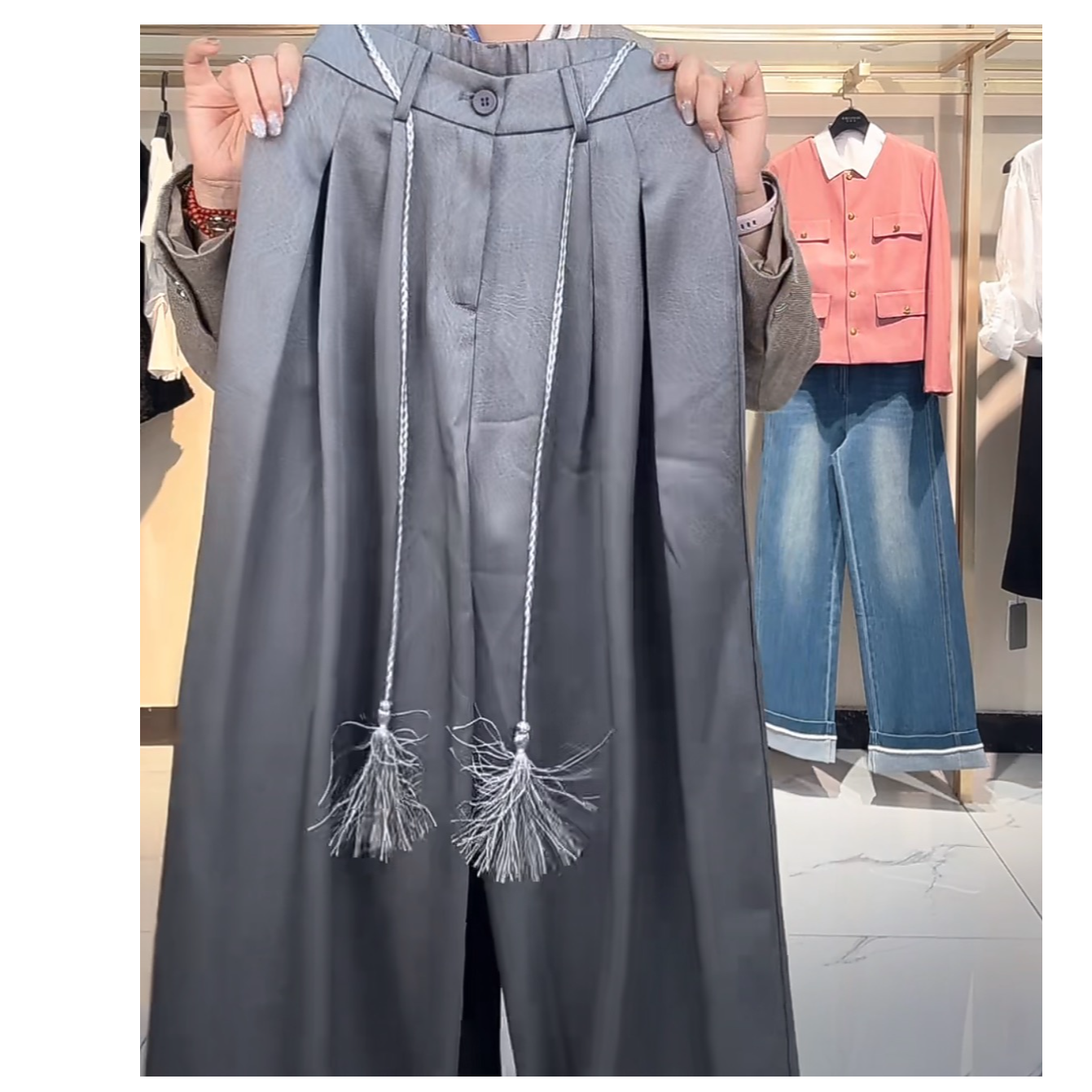 韩系慵懒高腰冰裂纹休闲阔腿长裤