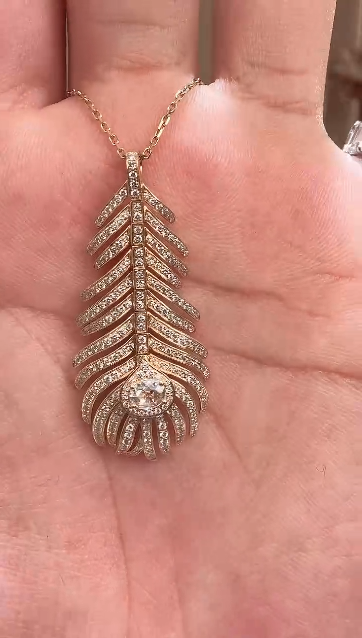 18K金镶嵌项链实验室培育钻石羽毛项链k黄