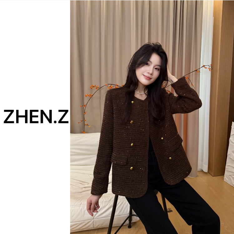 【琥珀流光】2025秋新款法式亮片双排扣气质时尚小香风外套上衣1