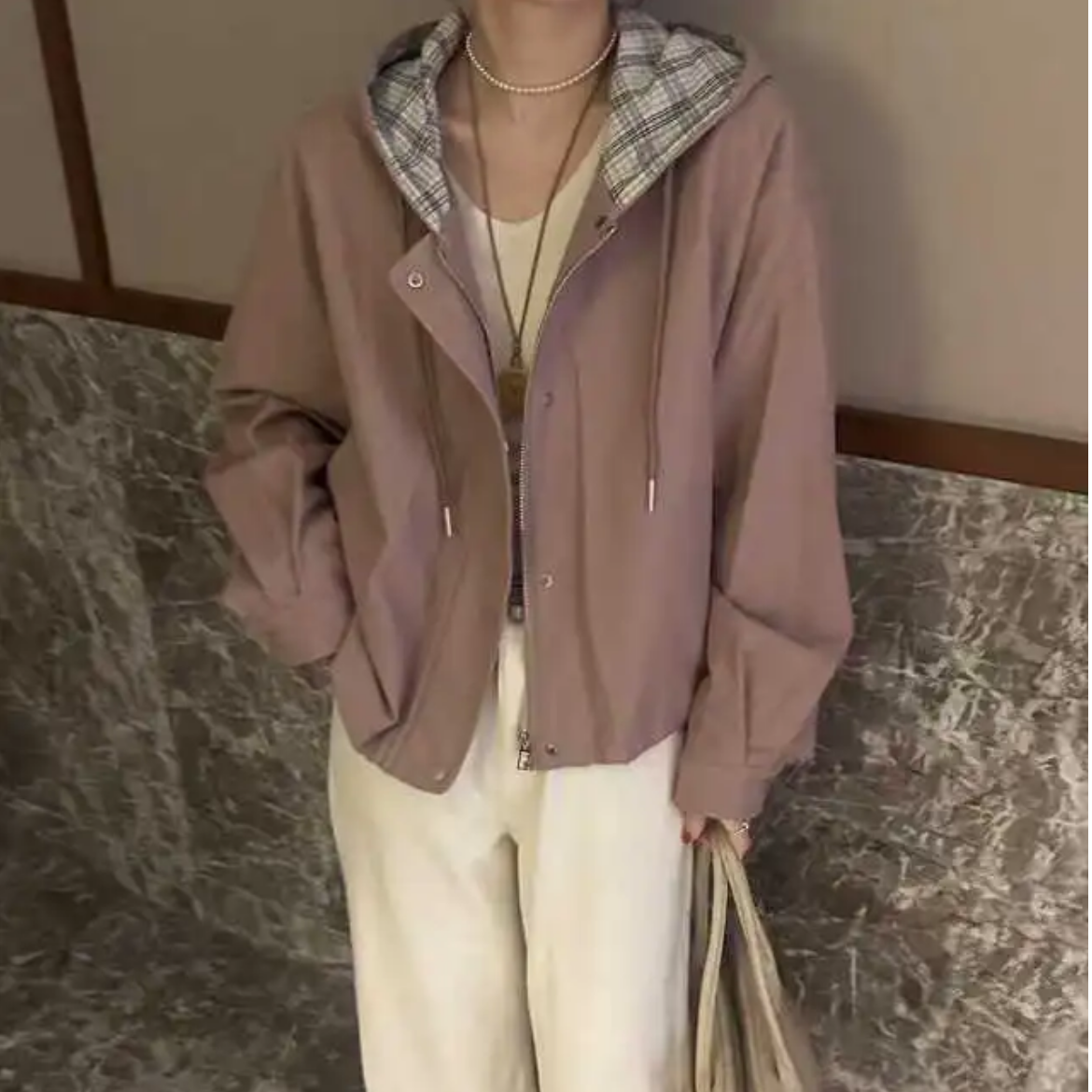 【撤柜原单皮衣】高级感格子内衬连帽皮衣外套-苋 17195(89318)