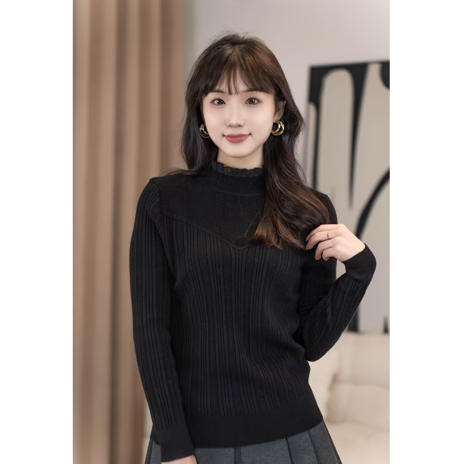 新款秋冬时尚网纱蕾丝修身洋气百搭针织打底弹力气质木耳边毛衣女