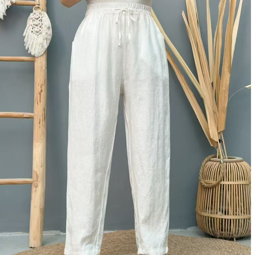 夏季休闲新款亚麻小脚哈伦裤气质显瘦百搭亚麻纯色裤