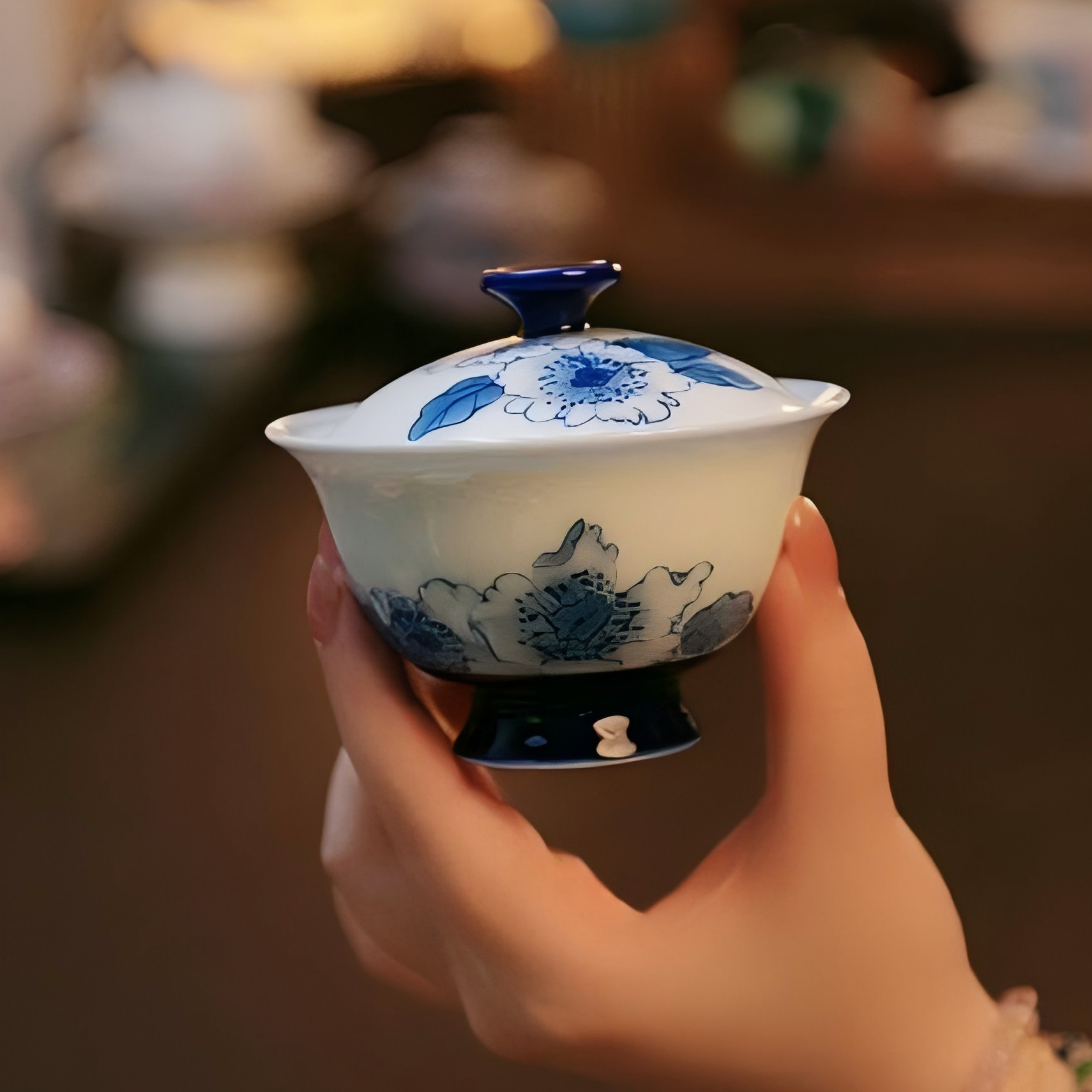 月白山茶花青花瓷全手绘釉下彩青云茶斋陶瓷茶具高足盖碗